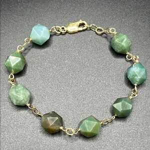 VTG Faceted Moss Agate Stone Station Gold Filled Bracelet, 8”